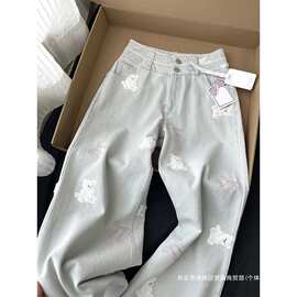 跨境可爱小熊刺绣牛仔裤女春秋季日系甜妹小个子阔腿高腰宽松直筒