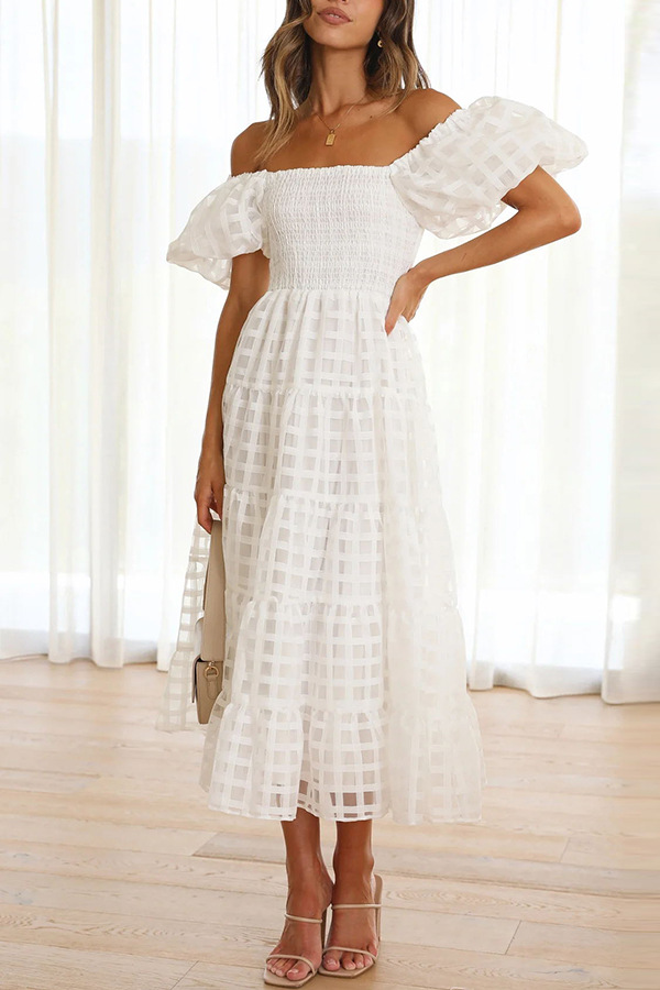 280g Weight Midi Dress Dress Length Type Short Sleeve Sleeve Length Lantern Skirt Dresses Type Wholesale Women'S Elegant Vacation Solid Color Banquet Daily Tea Party Boat Neck Short Sleeve Lantern Skirt