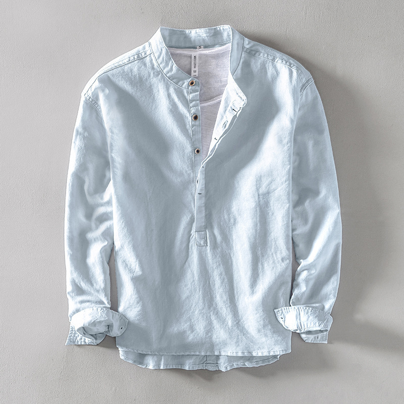 Cross-Border L959 3306 Cotton and Linen Men's Casual Shirt Korean Version Slim Fit Solid Color Stand Collar Pullover Cotton Cross-Border L959 3306 Cotton and Linen Men's Casual Shirt Korean Version Slim Fit Solid Color Stand Collar Pullover Cotton