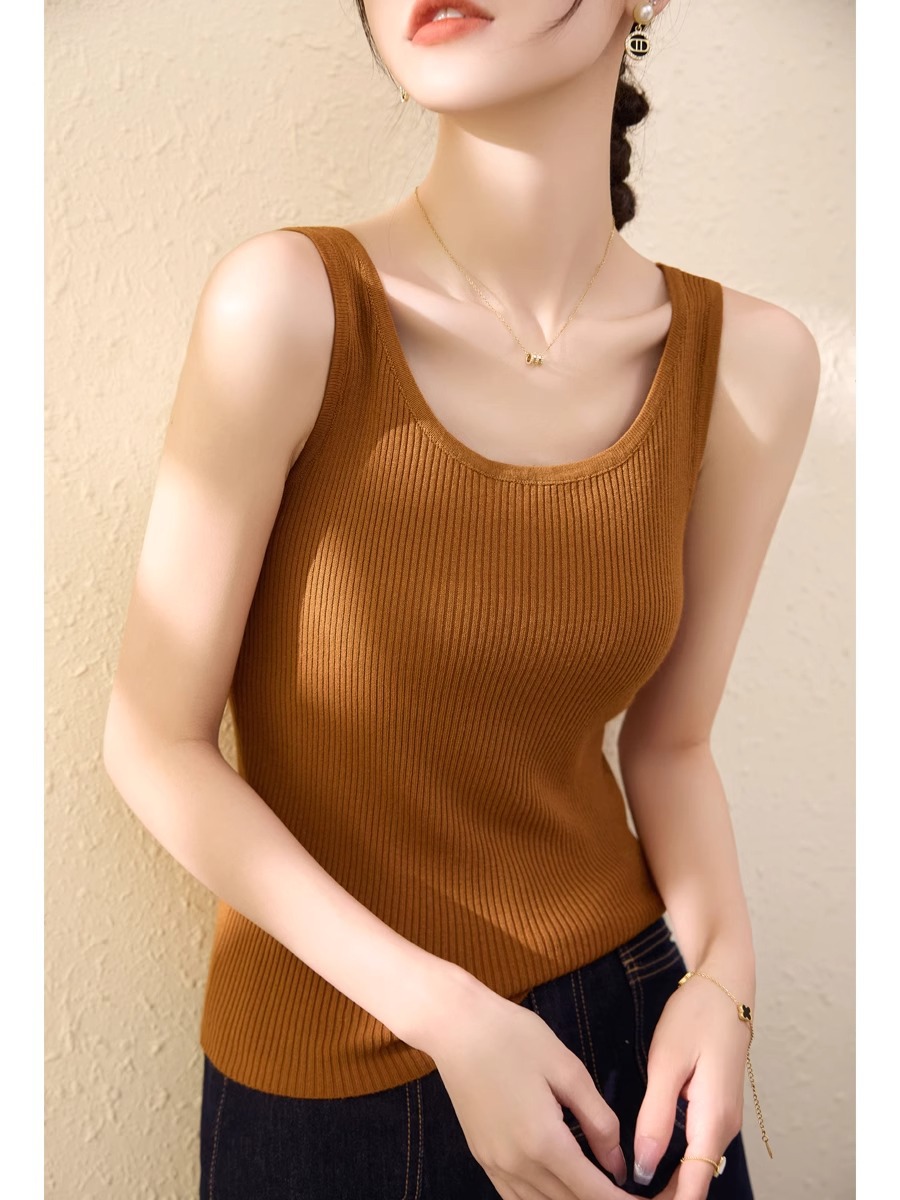 Áo hai dây dệt kim cổ tròn mặc trong mỏng mùa hè cho nữ — Màu đen