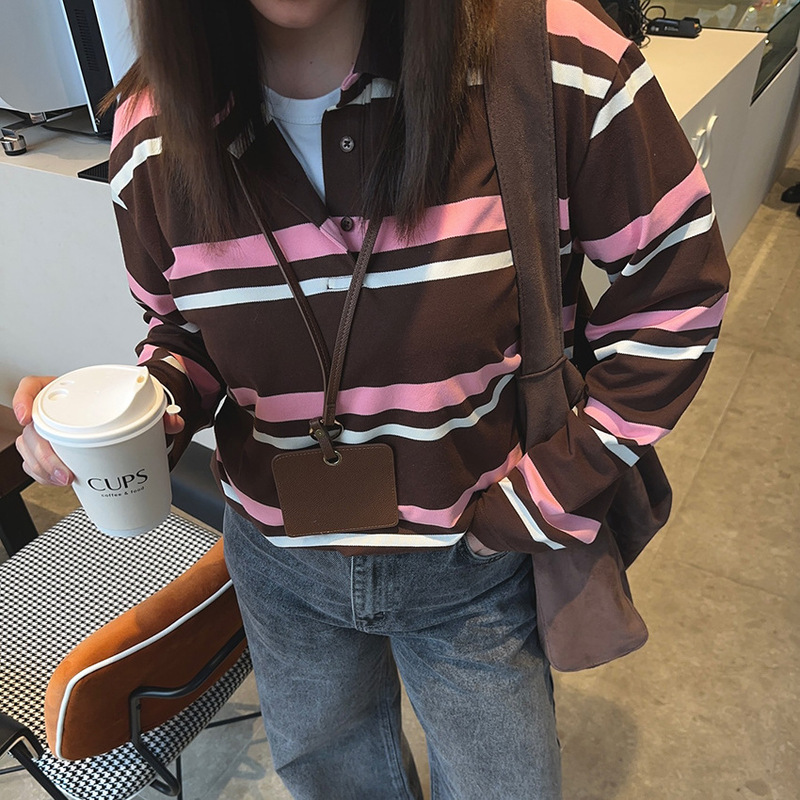Autumn New Brown Stripesd Polo Shirt Loose Long-Sleeved T-Shirt Design Elegant Casual 2025 Cross-Border Work Clothing