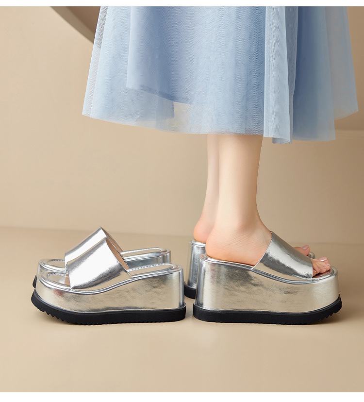 Dép sandal quai ngang da thật đế xuồng cao 8 cm phong cách Âu Mỹ — Màu bạc 10cm, Màu bạc 8cm, Màu vàng kim 10cm, Màu đen 10cm chi tiết 13