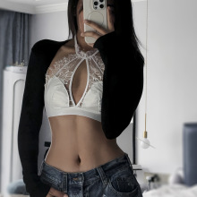 法式无钢圈文胸无痕美背超薄蕾丝舒适挂脖背心式聚拢收副乳内衣女