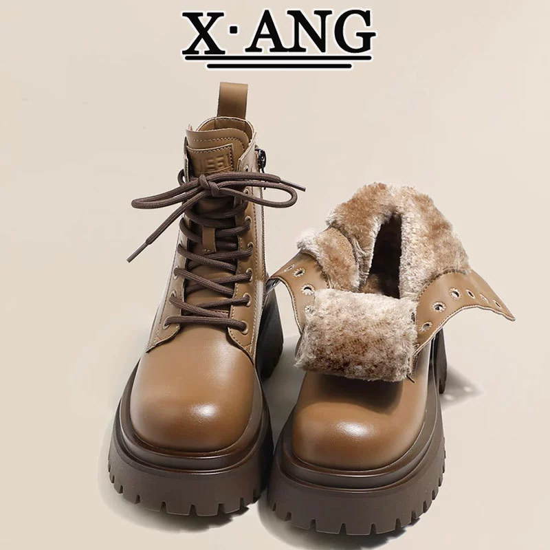 Женские утепленные зимние сапоги на флисовой подкладке, теплые хлопковые ботинки большого размера, новинка осени-зимы 2025 года, короткие ботинки Мартин из натуральной кожи на толстой подошве для увеличения роста.