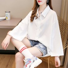 特大300斤七分袖气质通勤开衫长袖单排扣纯色宽松衬衣上衣 ZJ0021