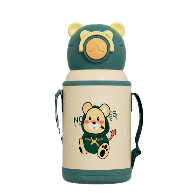 BirthStory Kids Glass Bottle with Stainless Straw, 600ml, 316 Triple Cover, Colorful Shoulder Bag