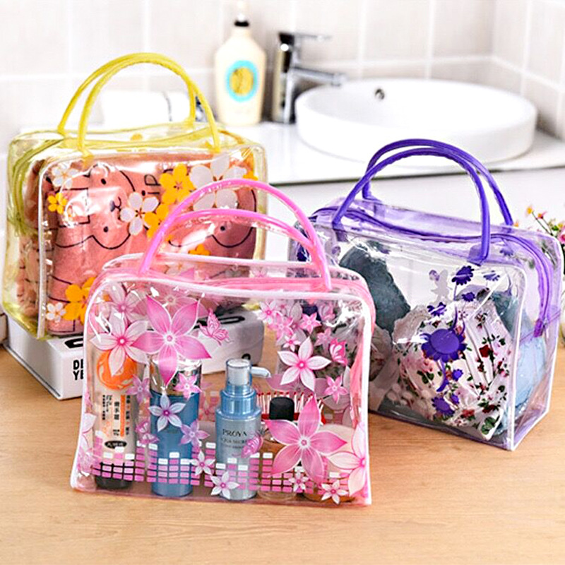 PVC plastic floral transparent toiletry bag, shower makeup bag, outdoor travel storage bag, handbag