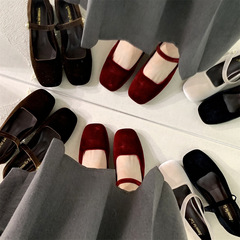 法式絲絨粗跟單鞋女2024年秋冬新款氣質配裙子瑪麗珍鞋