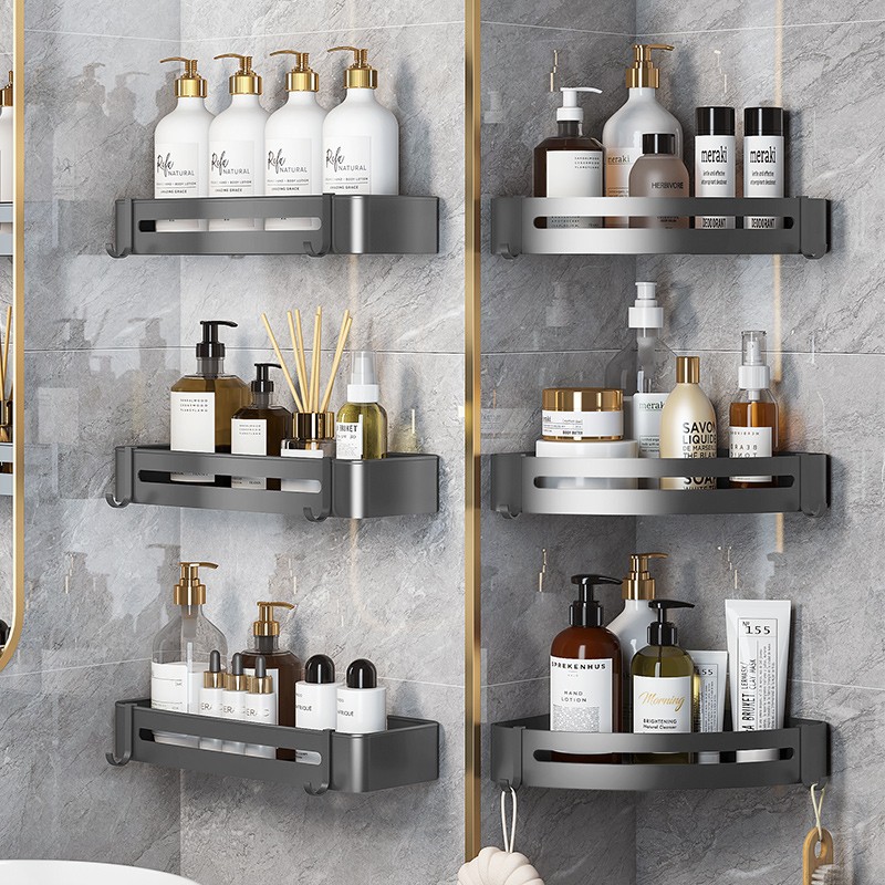 Estante de almacenamiento para baño color gris plomo, cesta triangular para ducha, estante de almacenamiento de esquina para inodoro, estante de pared.