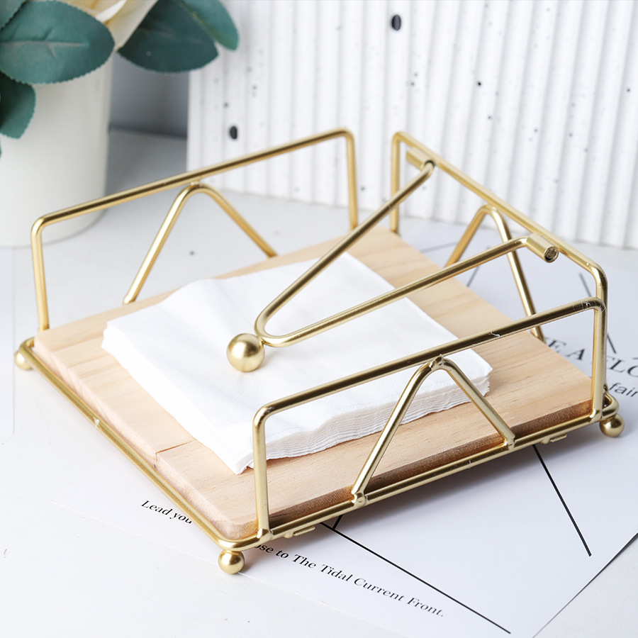 Factory direct Nordic wrought iron tissue box paper holder coffee shop restaurant desktop solid wood square tissue storage rack