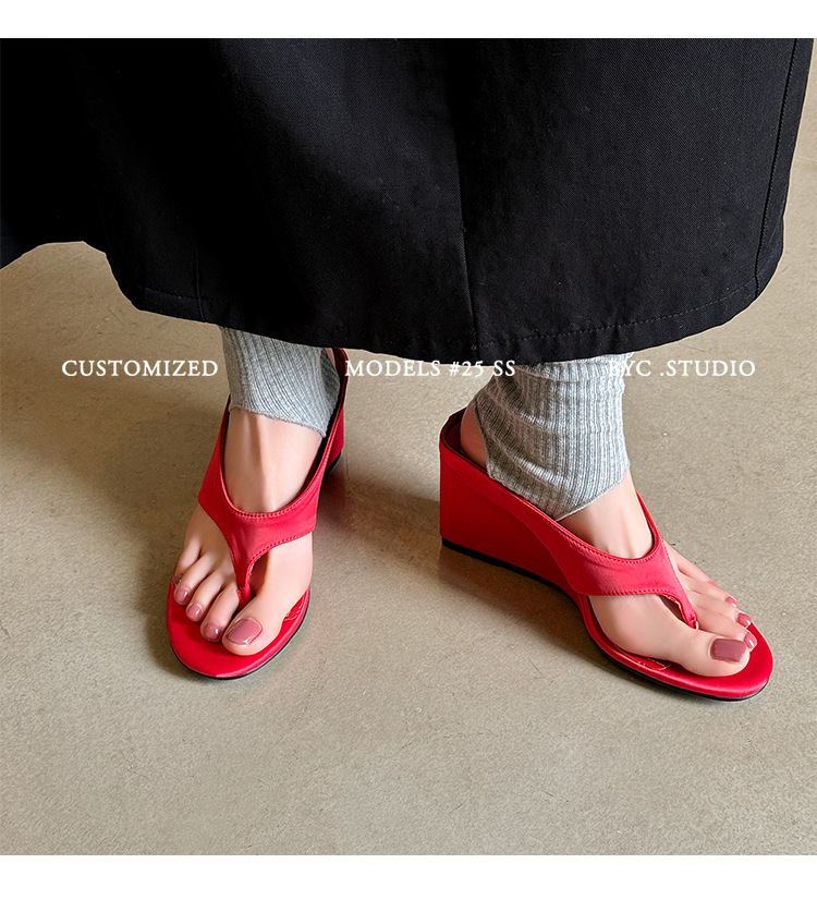 Dép xỏ ngón nữ đế xuồng cao 7 cm phối váy mùa hè — đen, bạc trắng, màu đỏ chi tiết 20