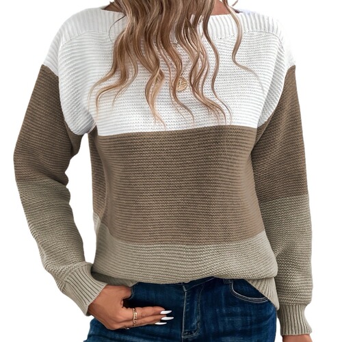 Women's sweater, round neck, patchwork, versatile and elegant style, popular knitwear, autumn/winter loose top with thickened design
