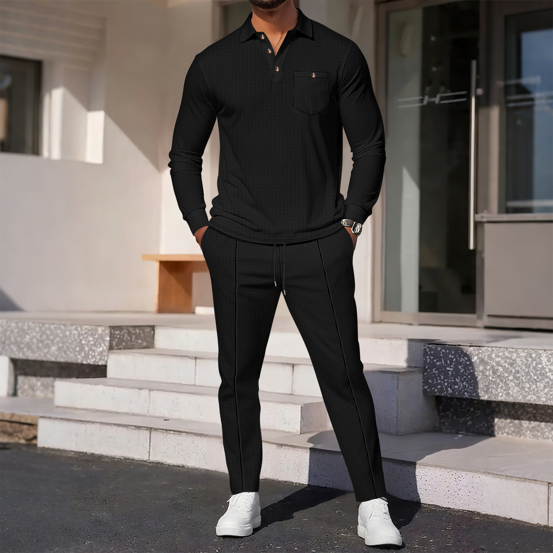Plus Size Men's Long Shirt And Trousers Suit Solid Color Waffle Knit Casual Lapel Trendy_voghion.com