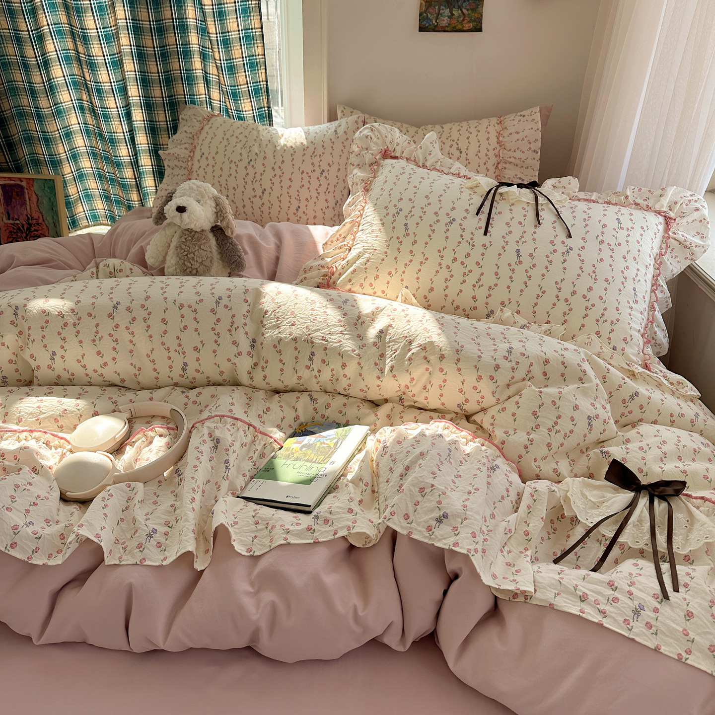 Cama de aire princesa de algodón de encaje de cuatro piezas madre y bebé clase A sábanas de cama desnudas cubierta cama de dormitorio gaza de tres piezas