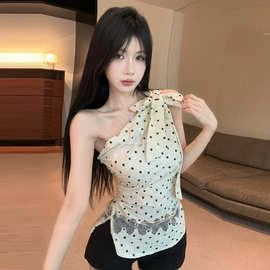 18YX6595欧美2026跨境外贸法式甜美亮片斜肩系带不规则背心上衣女