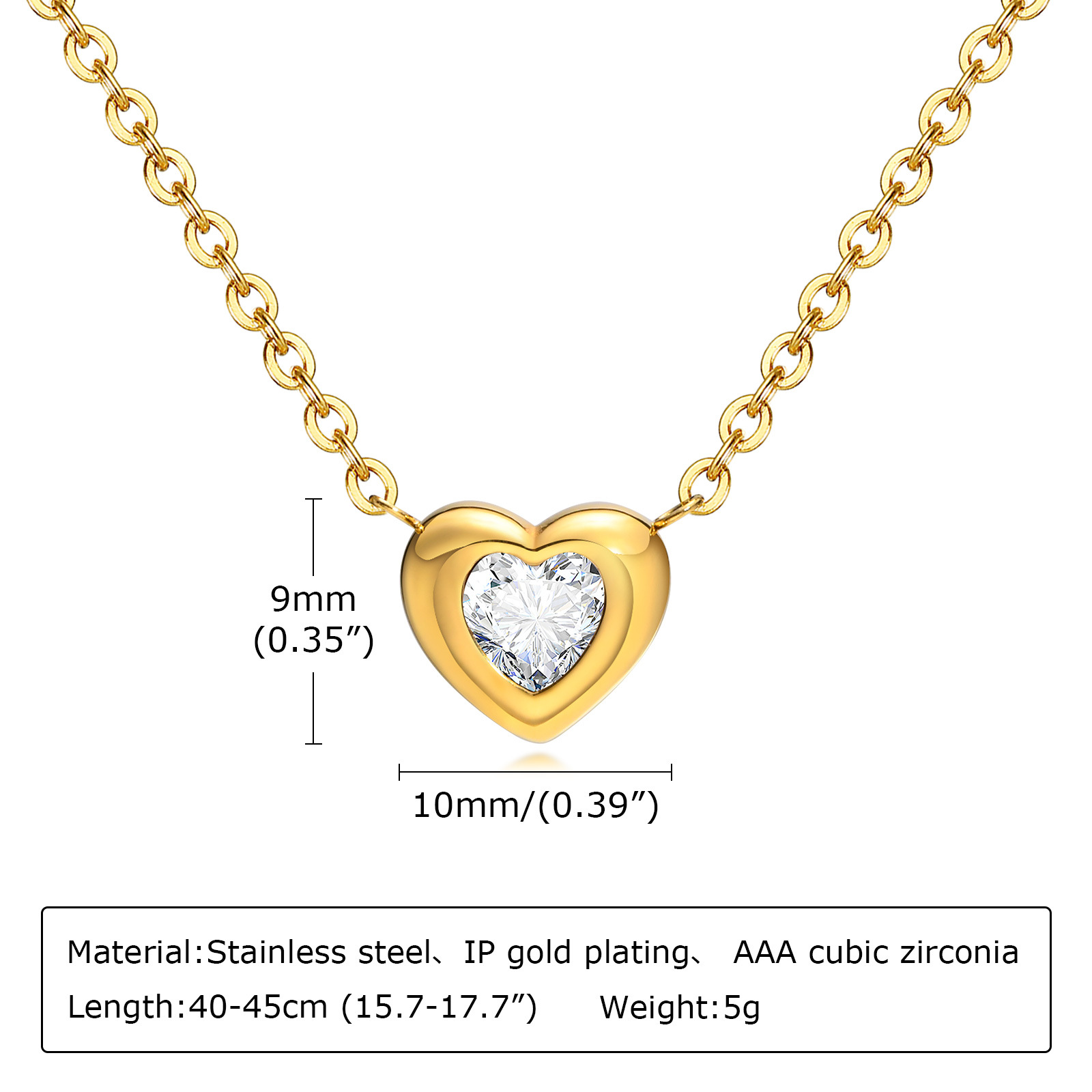 8g Weight 18K Gold Plated Plating Material Wholesale Jewelry Simple Style Classic Style Heart Shape 201 Stainless Steel Zircon 18K Gold Plated Plating Inlay Pendant Necklace