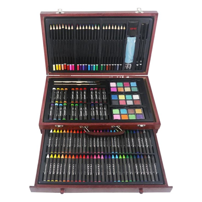 Caja de madera pintura traje niños estudiante acuarela pluma conjunto de 143 piezas caja de madera arte pintura papelería caja de regalo