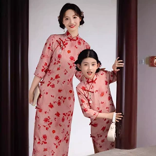 粉色亲子旗袍2026新款改良新中式汉服儿童连衣裙中国风唐装母女装