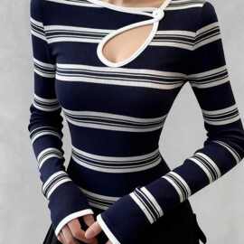 美式复古条纹长袖T恤女春季2026新款镂空设计感修身显瘦打底衫潮