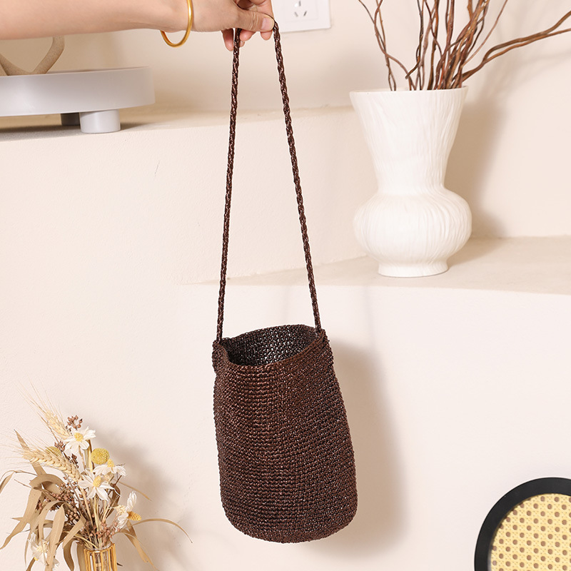 Fashion Shiny Line Single Shoulder Bucket Straw Woven Bag New Casual Solid Color Woven Bag For Women Beach Vacation Bag - Thumbnail 7