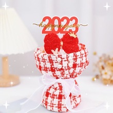 2023新年原创 蛋糕装饰网红小香风布艺格纹花束生日蛋糕 插件插牌