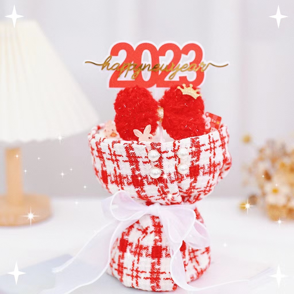 2023新年原创 蛋糕装饰网红小香风布艺格纹花束生日蛋糕 插件插牌