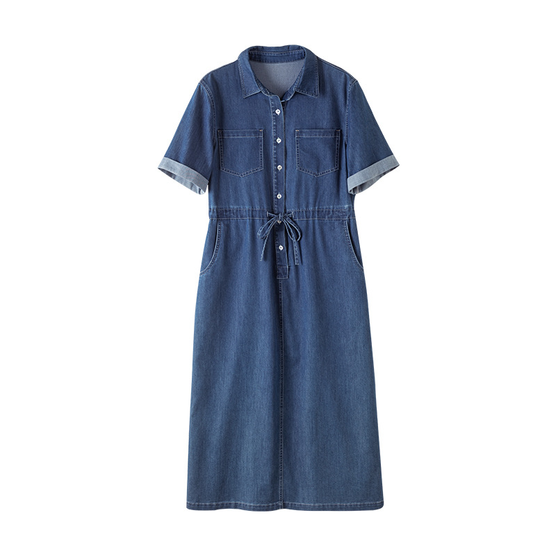 Váy liền dáng dài polo cotton thắt eo dây rút tay ngắn mùa hè — Màu xanh lam