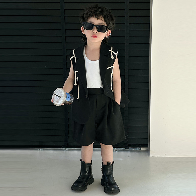 Men's Fashion Streetwear Vest Summer New Dress Children's Korean Version Backless Shorts Children's Outfit Set One-Time Shipping Trendy