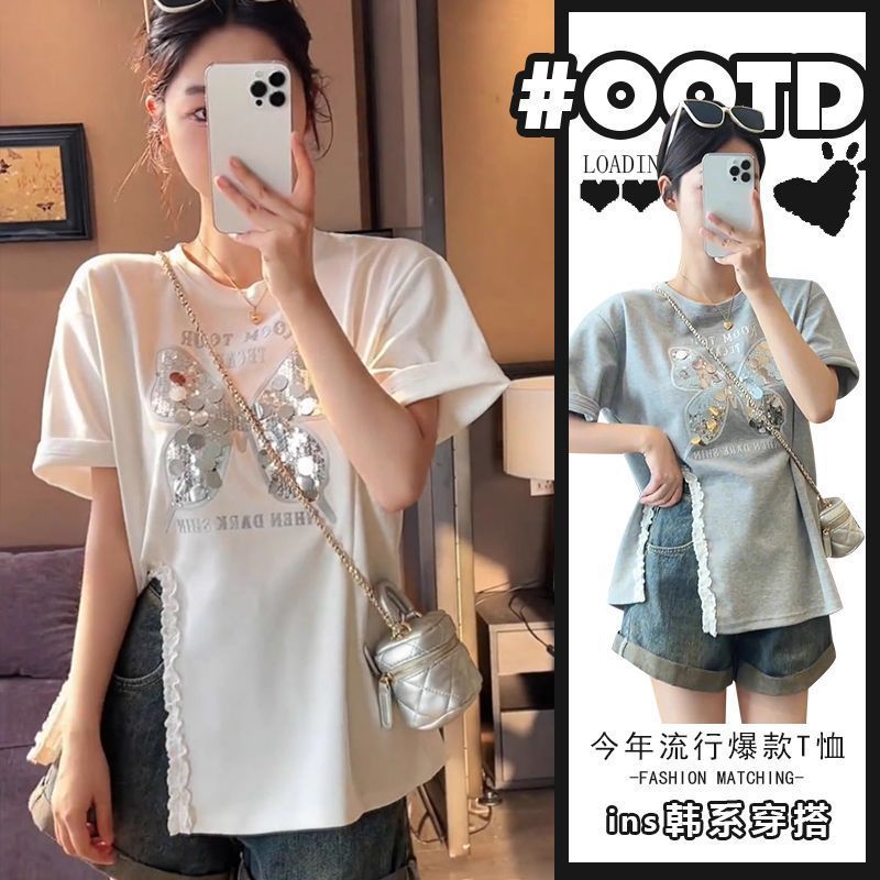 Camiseta de manga corta con lentejuelas de mariposa con costuras de encaje para mujer 2024 verano nuevo estilo suelto y delgado para mujer