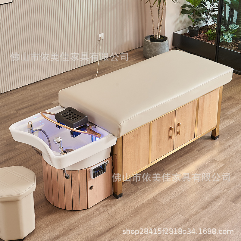 Cama de lavado de cabello de madera maciza, lavabo cerámico, cama de lavado de agua de circulación de agua, cama de tratamiento de cabello de fumigación con calentador de agua, para salón de peluquería especial