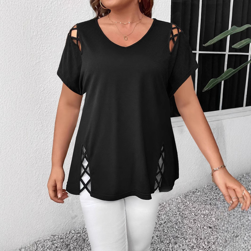 Amazon Summer New Women's Fashion Hot Sale Cold Shoulder Short-Sleeved Cross Strap T-Shirt Women's Pure Color