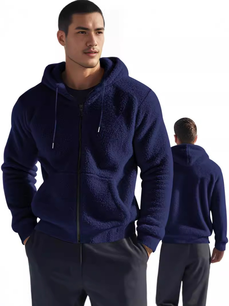 Roupas masculinas primavera e outono, grossas, quentes, dupla face, casaco de lã, zíper, solto, cardigan, jaqueta casual com capuz_voghion.com