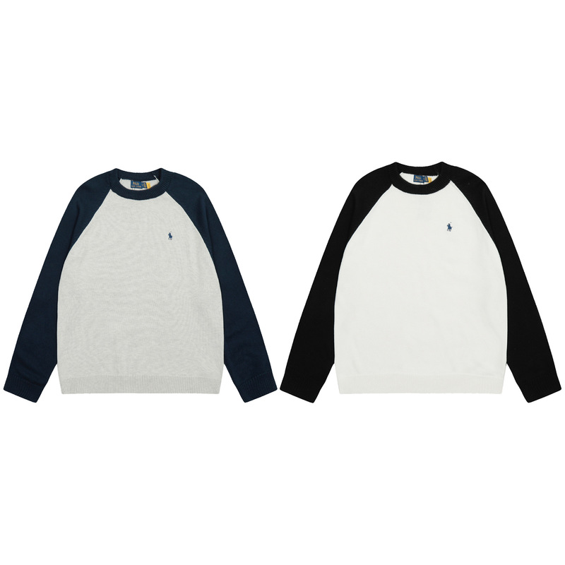 American Retro Rl Laff New Color-Blocking Pony Embroidery Crew Neck Knit Sweater for Men and Women Autumn and Winter Base Shirt Top