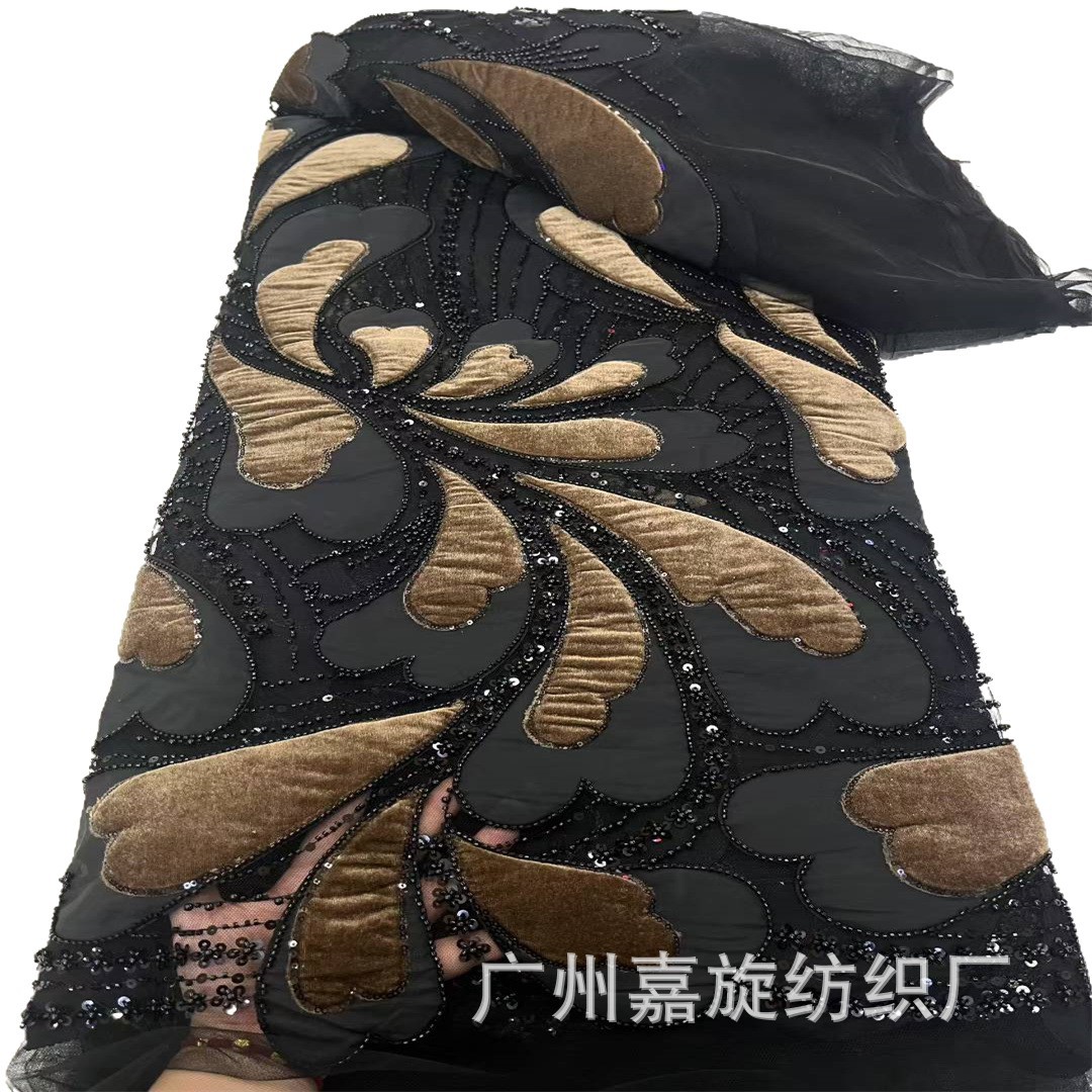 Gran flor europea veludo láser bordado vestido de boda vestido de noche tela bordada esquinilla tubo de perlas vestido chino cheongsam falda tela