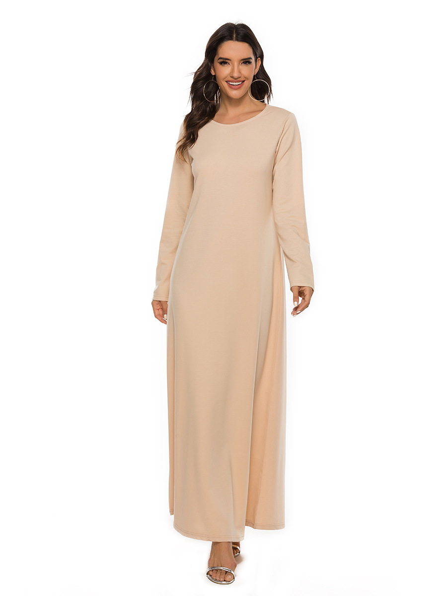 Cross-Border New Muslim Prayer Basic Long Sleeve Inner Layer Round Neck Dress Middle Eastern Robe_ecoleips.com