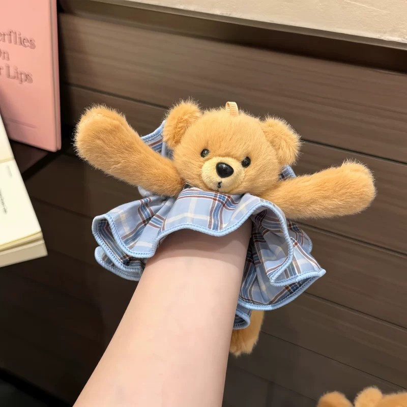Cute and super stylish plush bear plaid scrunchie for playful bun hairstyles, hair accessory wholesale