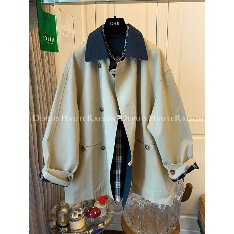 High-end French Retro Contrast Coat Coat Mid-length Loose Top for Small Women 2025 Spring New