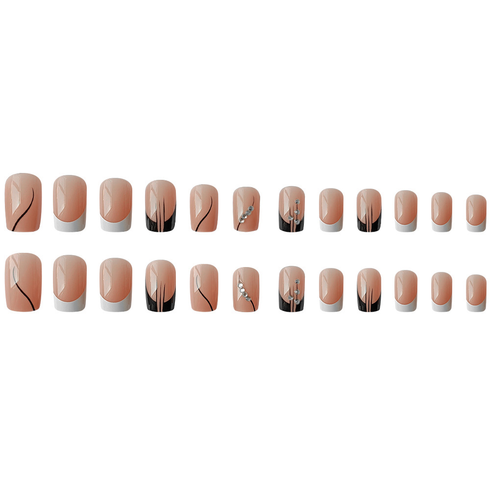 Europa, América, blanco y negro, estilo francés, diamante de manicure, moda exquisita, uso de uñas largas, 24 piezas de parche de uñas terminadas