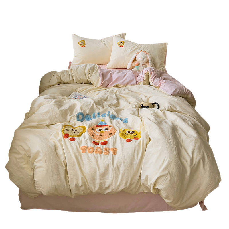 Parure de lit brodée ours en coton lavé ultra douce pour lit_voghion.com