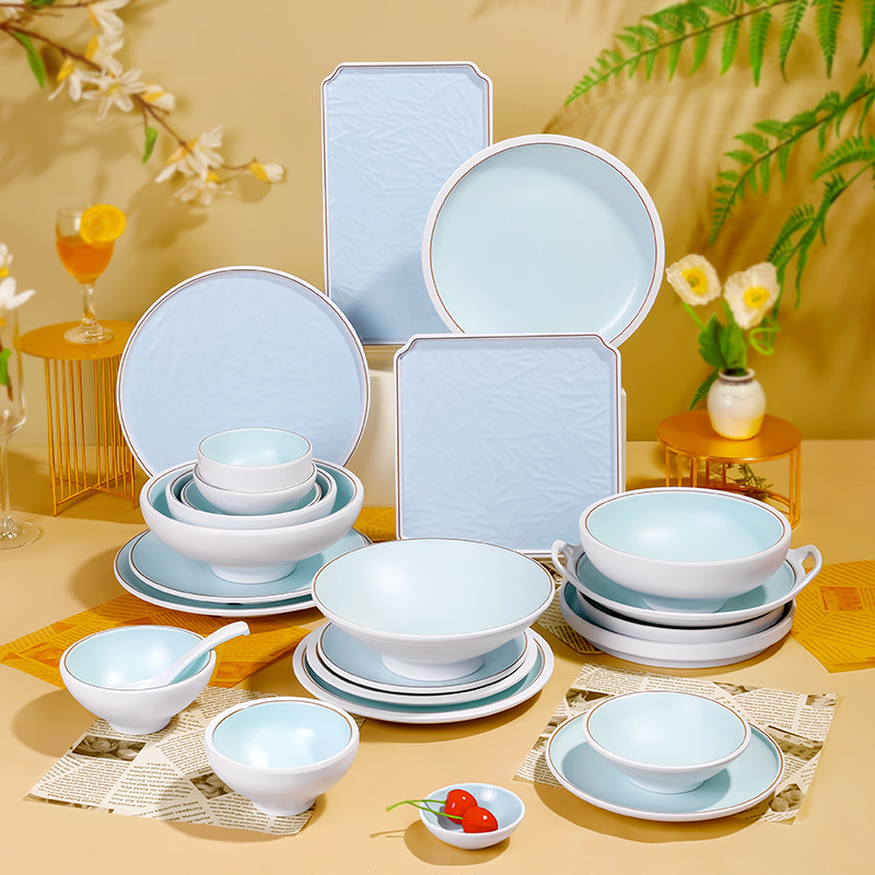 高級磨砂長方盤淺圓盤高腳盤碗碟套裝火鍋中餐烤肉專用密胺餐具