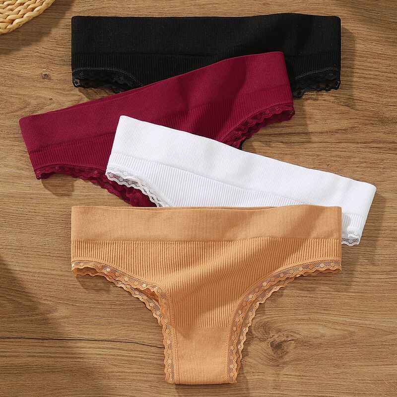 Women's Underwear European and American Style Ribbed Cotton Sexy Mid-High Waist Half-Coverage Thong Brazilian Briefs Comfortable Plus Size Sports Fitness