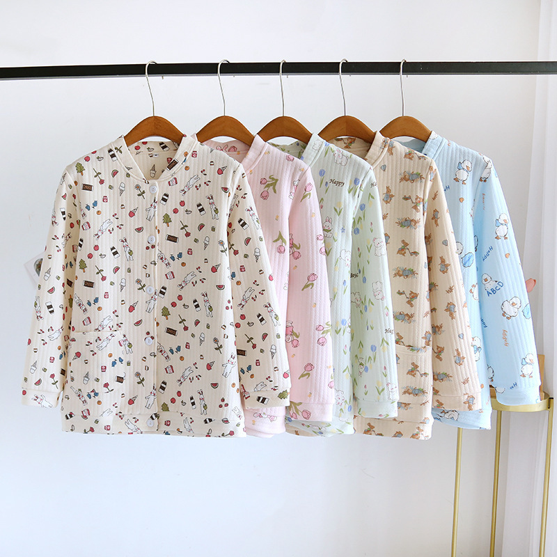 Single-piece top cotton air layer pajamas women's autumn and winter thickened quilted long-sleeved trousers cardigan home wear wide