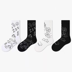 Original Ins Trend Graffiti Street Style Retro Cartoon Sports Socks for Men and Women, Couple Black and White Pure Cotton Mid-Calf Socks