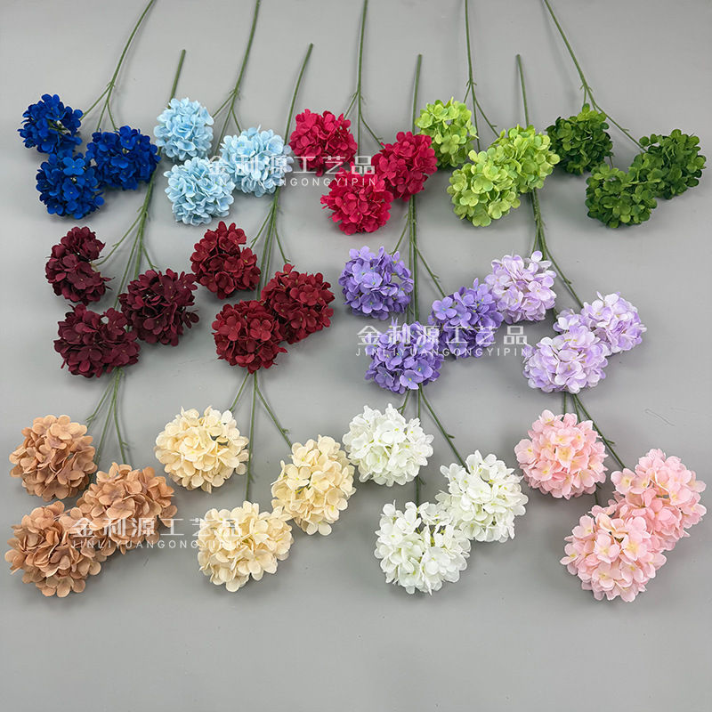 Three-headed double-petal mini floral hydrangea for wedding decoration, hotel decor, and cross-border foreign trade artificial flowers Three-headed double-petal mini floral hydrangea for wedding decoration, hotel decor, and cross-border foreign trade artificial flowers