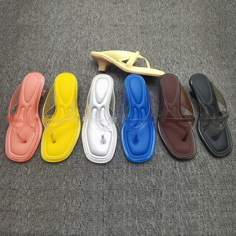 Open-toe flip-flops, new summer style, women's slip-on shoes, transparent square toe, stiletto heel flip-flop sandals for women