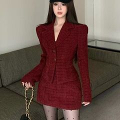 气质圣诞红色秋冬套装收腰复古新款短款西装半身裙外套两件套