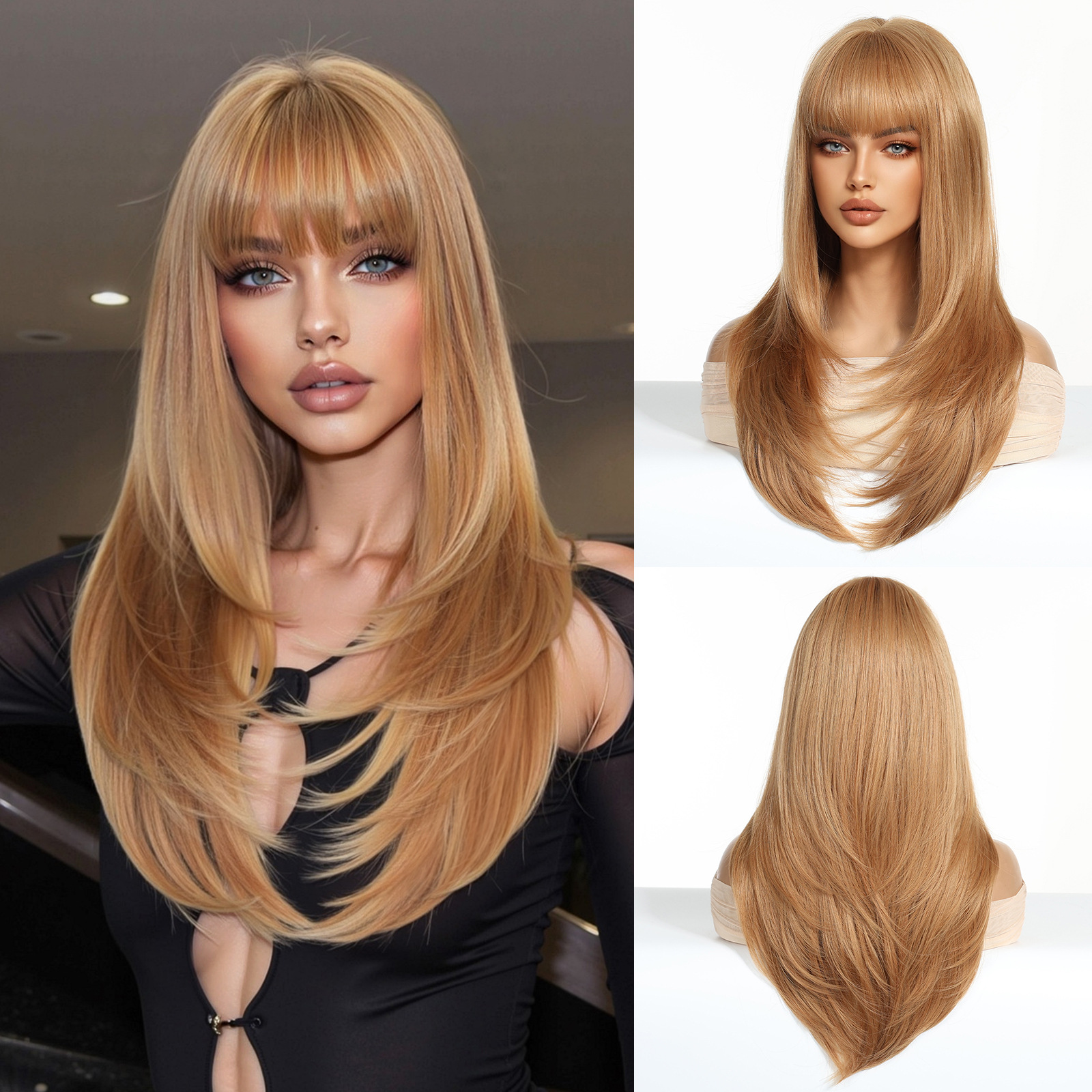Nuevo estilo transfronterizo venta caliente Qi flequillo de alto nivel gradiente dorado largo cabello liso estilo europeo y americano peluca de moda tipo de cabello completo