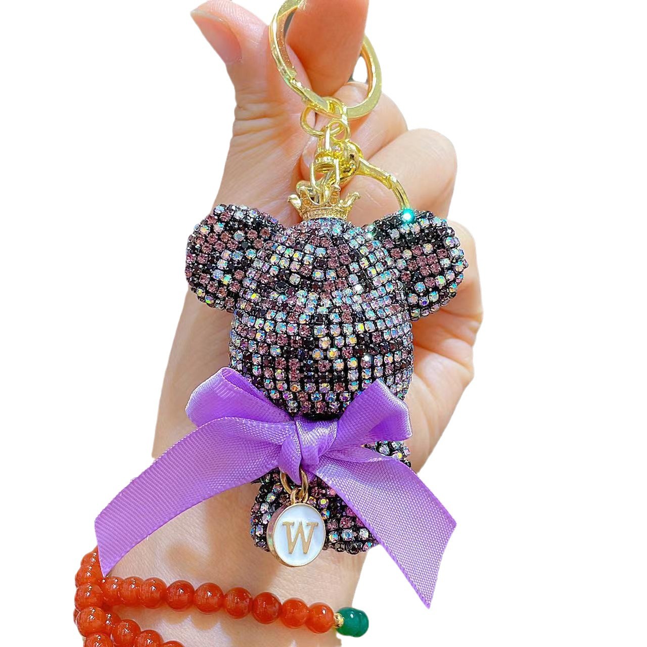 Venta directa de fábrica de lujo completo diamante muñeca llavero pajarita cabeza grande oso completo diamante bolsa colgante coche llavero