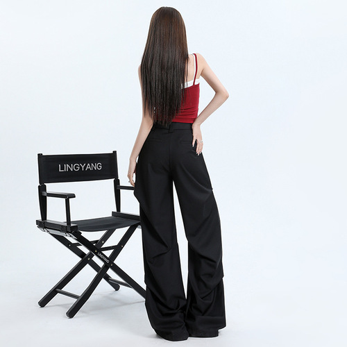 Niche design high-street black pleated loose casual wide-leg over-the-knee floor-length work pants