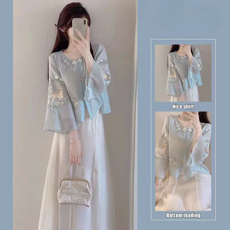 Элегантный новый китайский стиль, повседневная вышивка, традиционный женский костюм ханьфу для чайного искусства, костюм Тан, миниатюрный комплект пуговиц на лето.